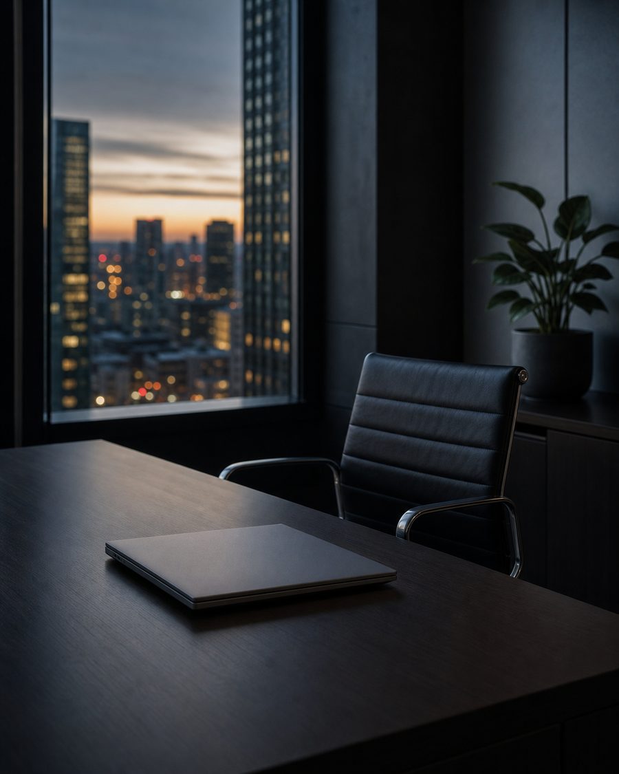A quiet corner of a modern office at dusk with city light through the window