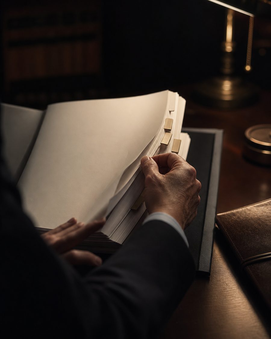 Hands turning the pages of a tabbed diligence document under a desk lamp